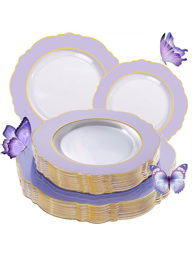 WDF 60pcs Clear Purple Plates Disposable with Gold Rim Baroque Lavender Purple Plastic Plates for PartyWeddingSpring Picnic